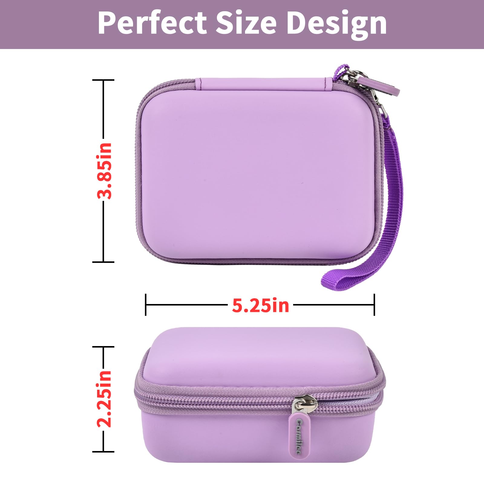 Lavender portable charger case dimensions with compact hard-shell design