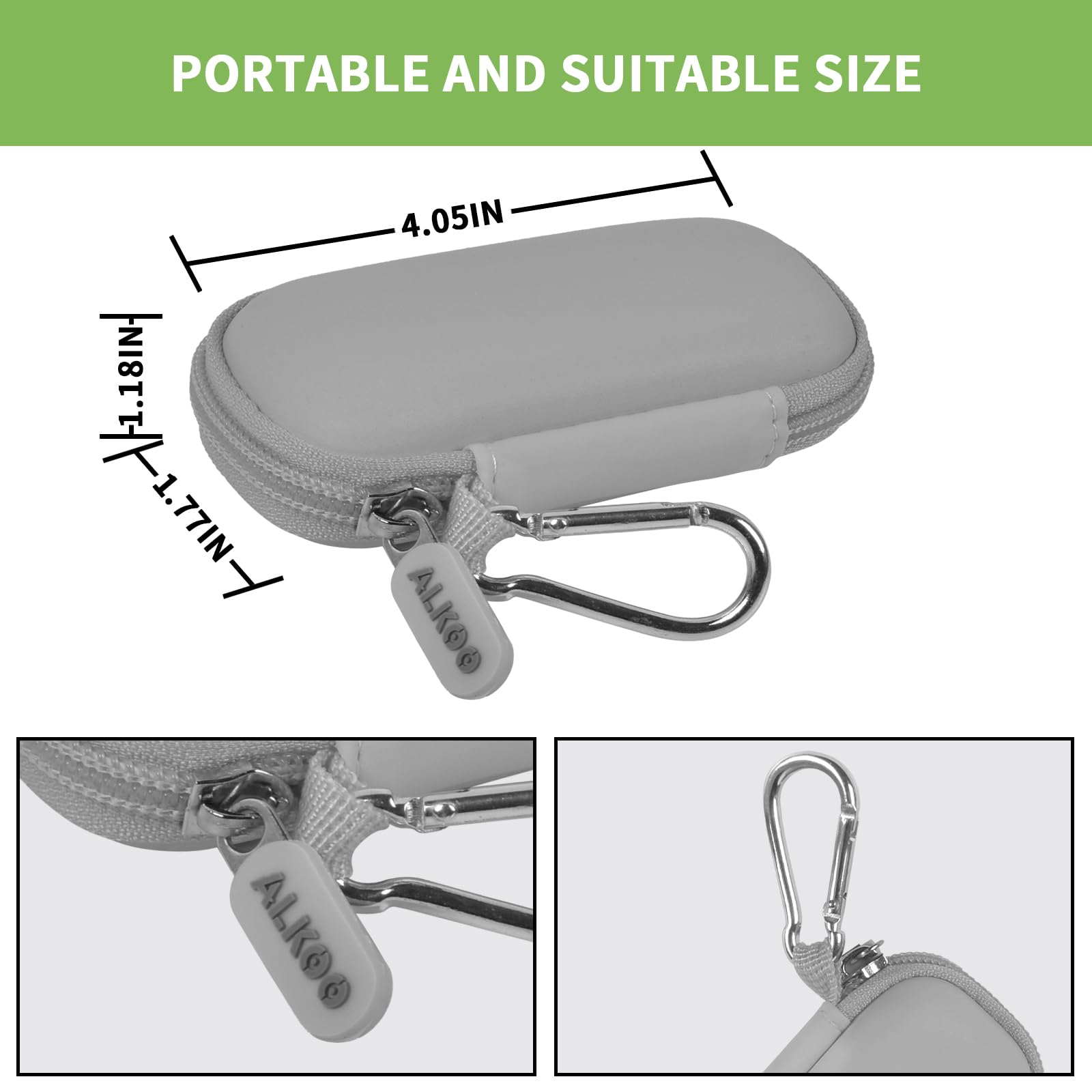 Gray USB flash drive and SD card storage case compact dimensions and carabiner detail