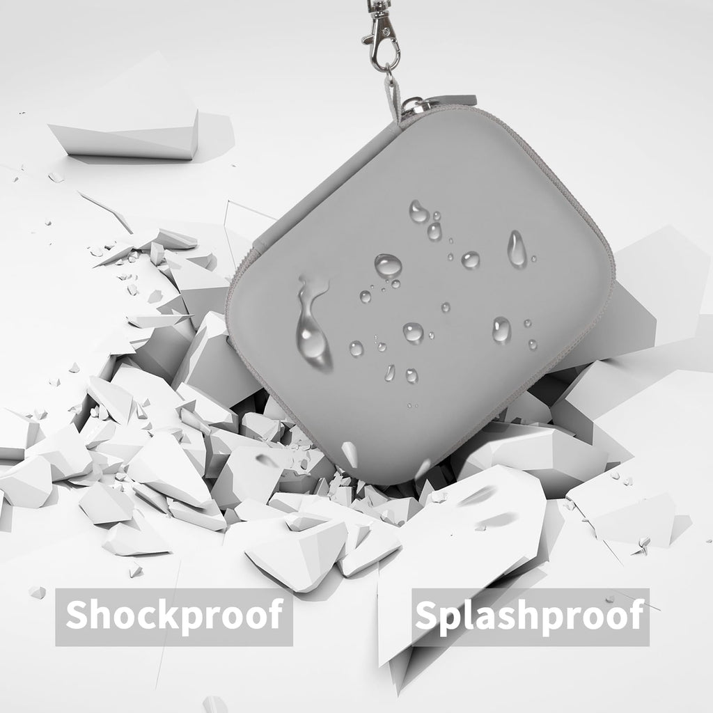 Gray label maker case demonstrating shockproof and splash-resistant protection