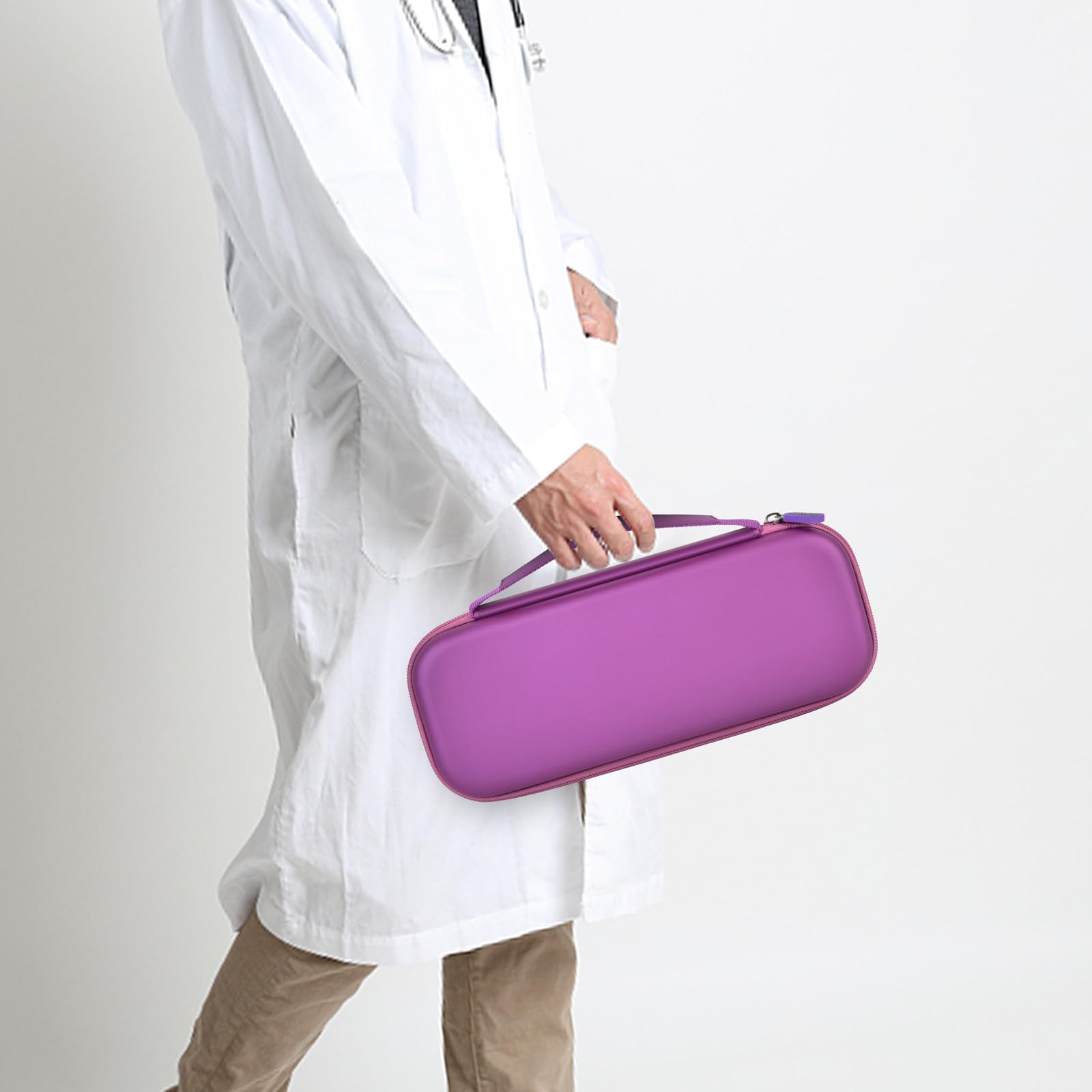 Healthcare professional carrying a closed purple hard stethoscope case