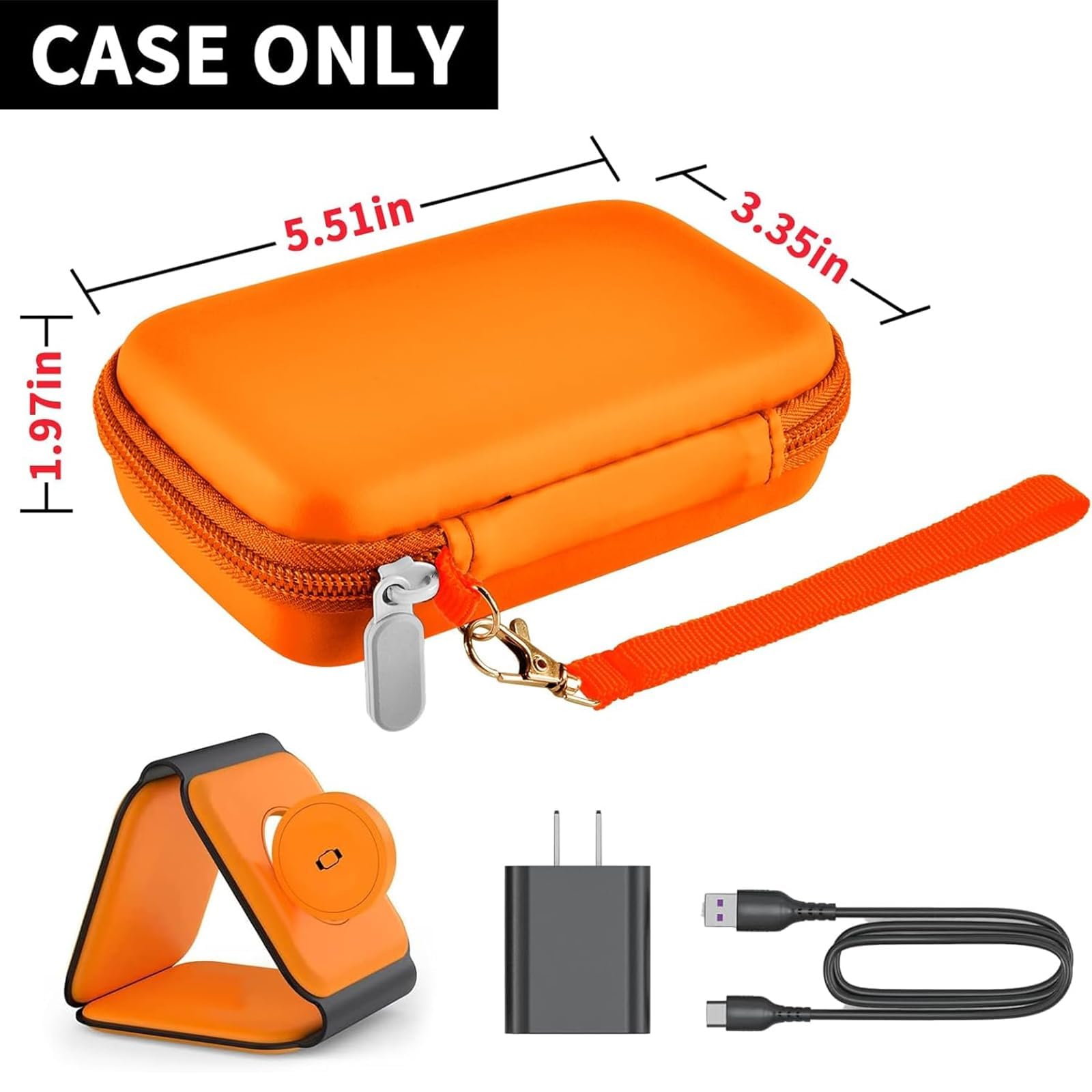 Orange 3-in-1 charging station case with dimensions and compatible charging accessories; case only