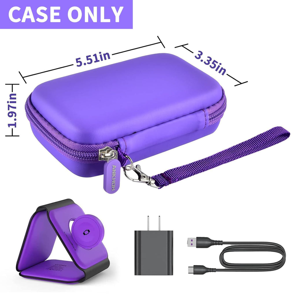 Purple 3-in-1 charging station case with dimensions and compatible charging accessories; case only