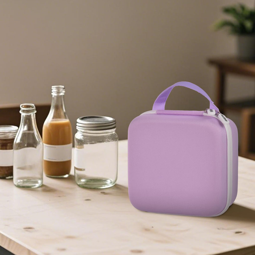 Open purple NIIMBOT label maker organizer beside bottles and jars