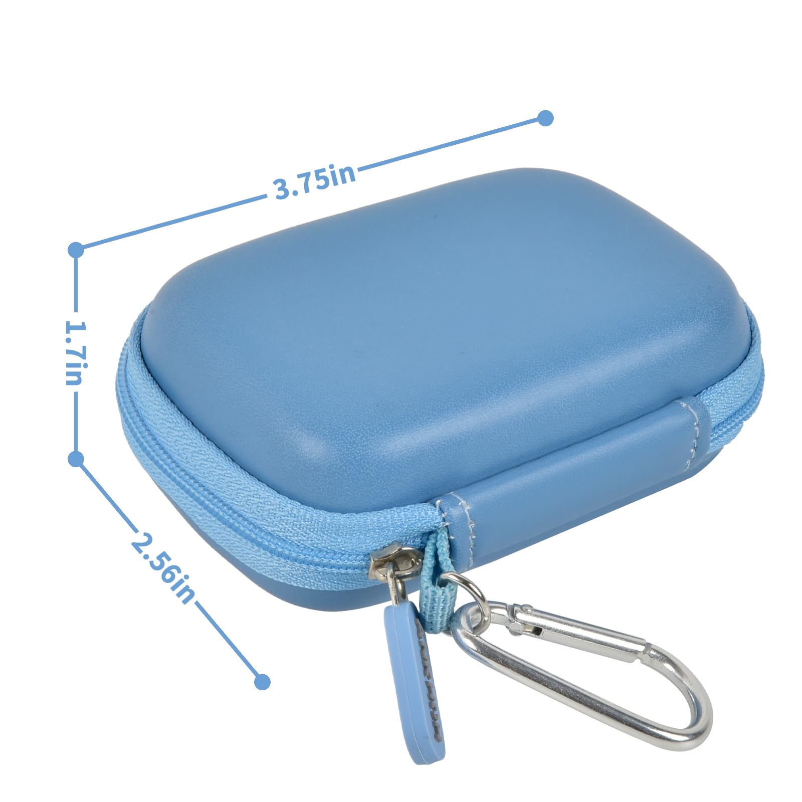 Blue portable SSD case dimensions with attached carabiner