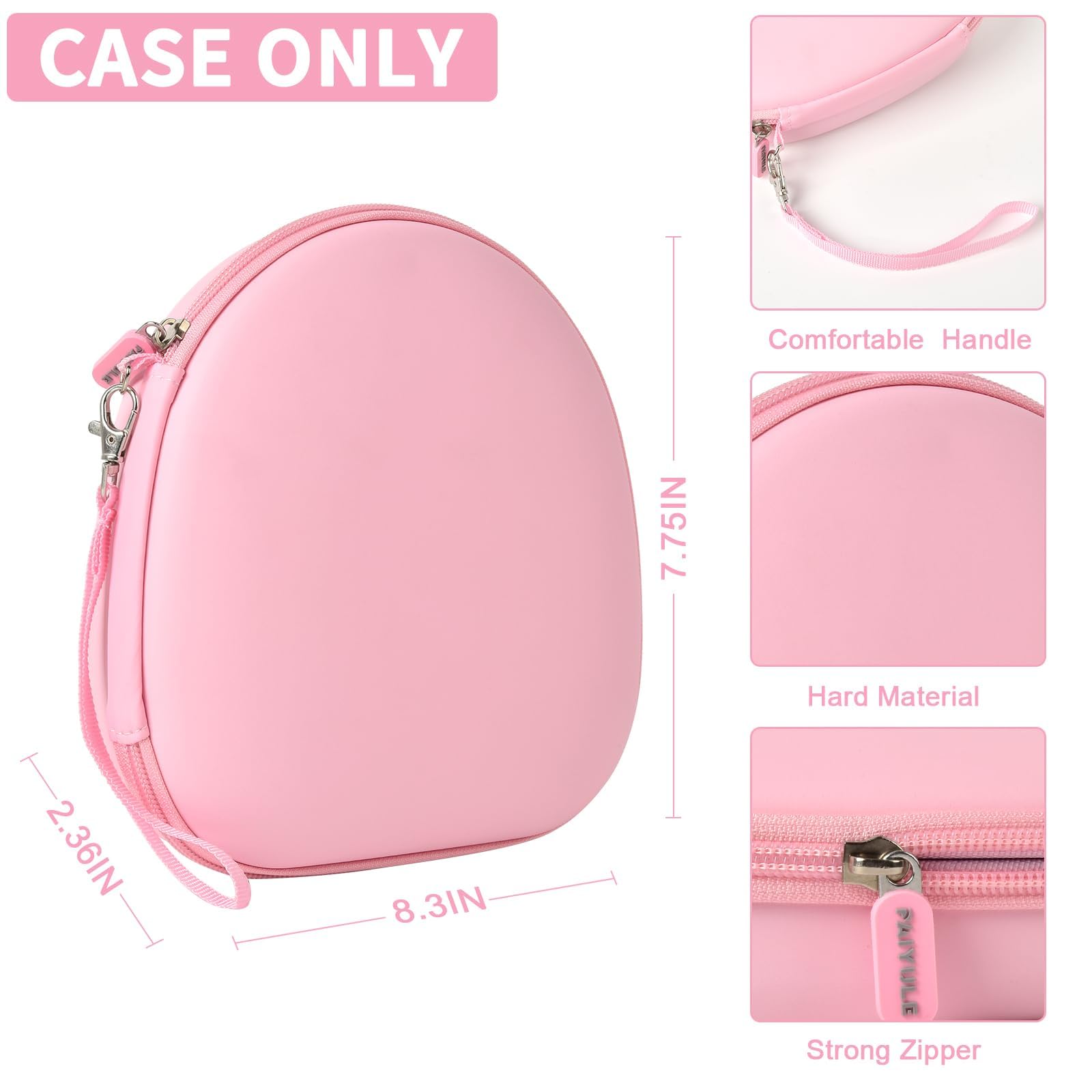 Pink hard-shell headphone case dimensions with handle and strong zipper; case only