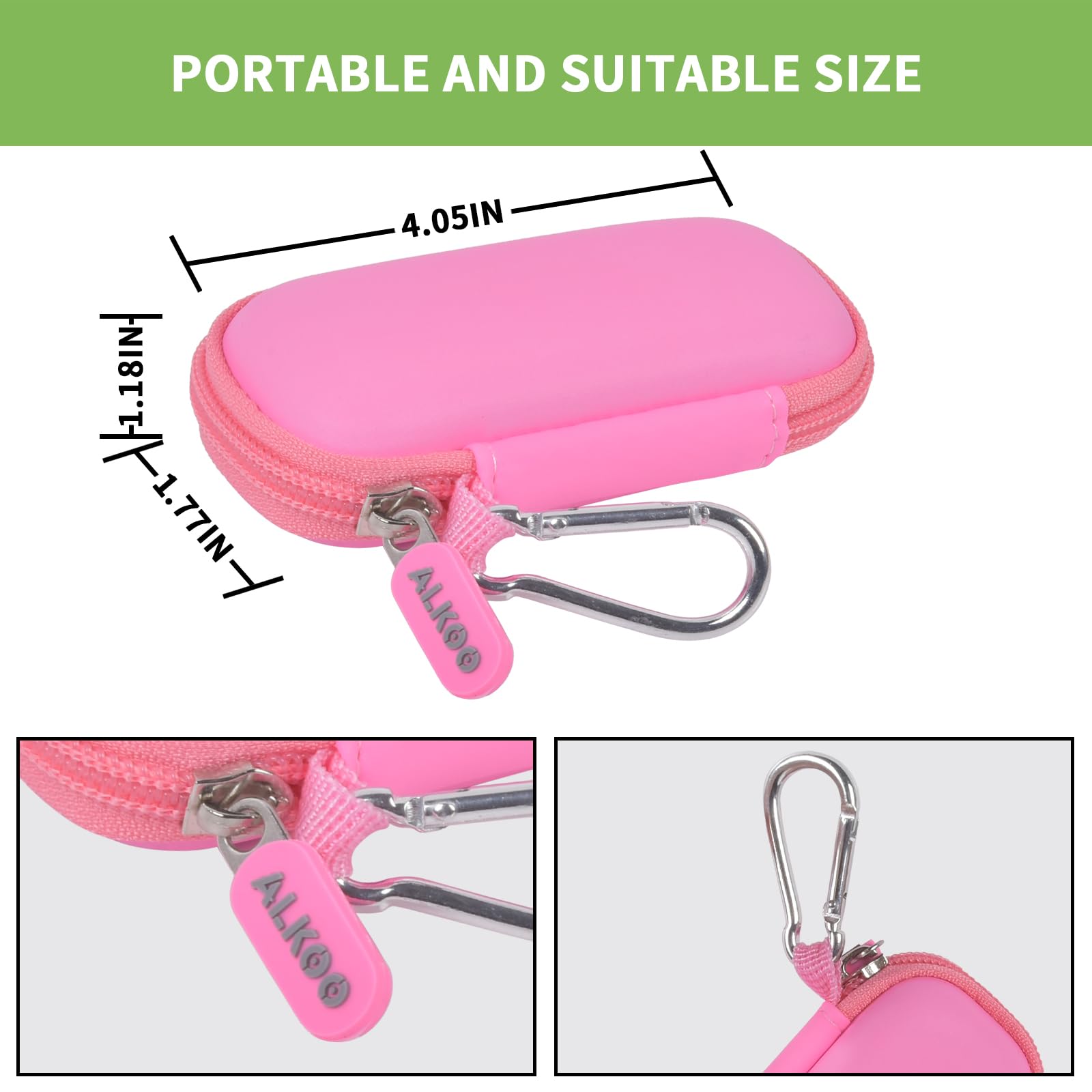 Light pink USB flash drive and SD card storage case compact dimensions and carabiner detail