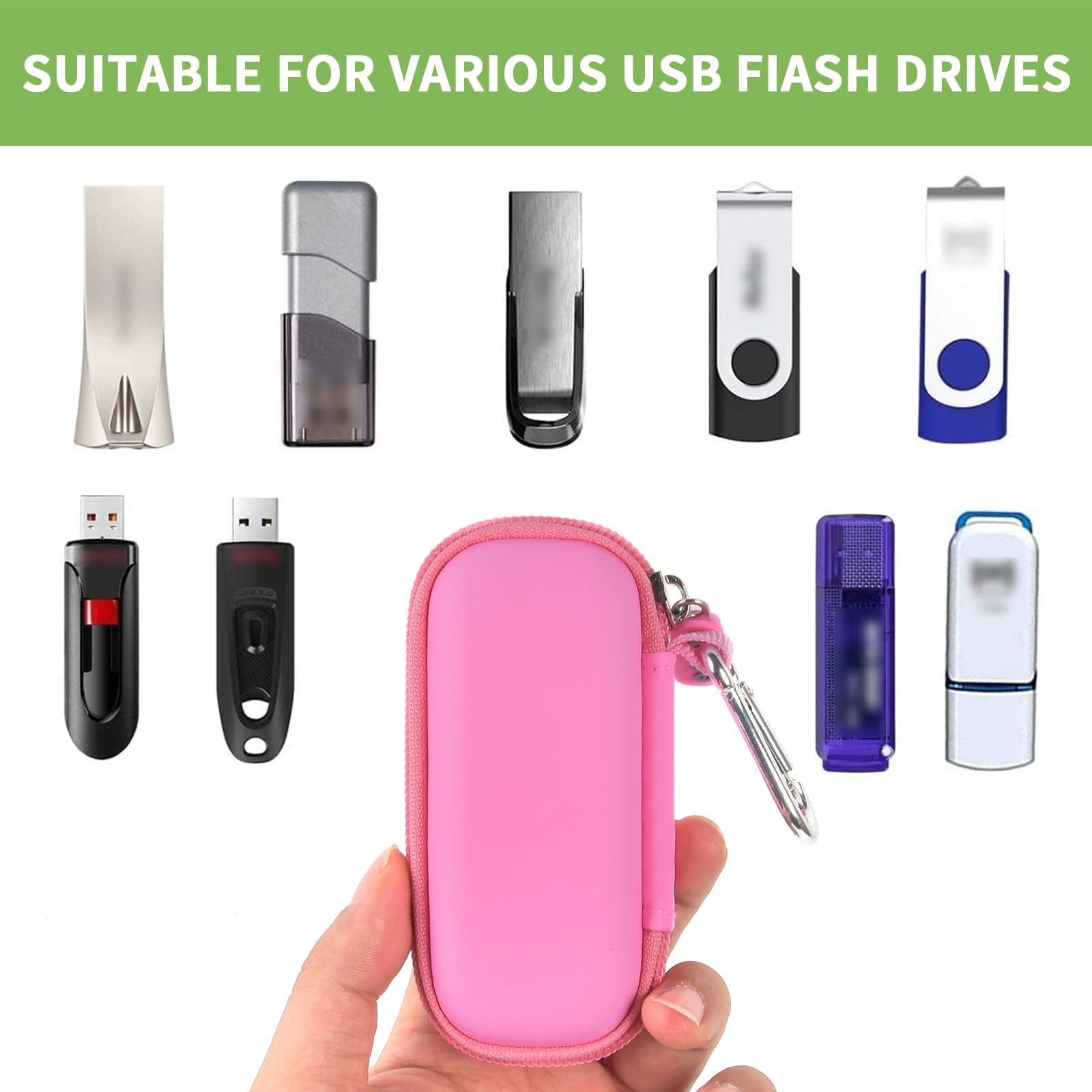 Light pink USB flash drive and SD card storage case compatibility with assorted USB flash drives