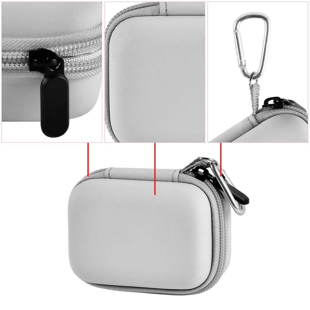 Gray mini power bank case with protective shell, zipper, and carabiner details