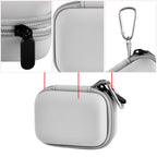 Gray mini power bank case with protective shell, zipper, and carabiner details