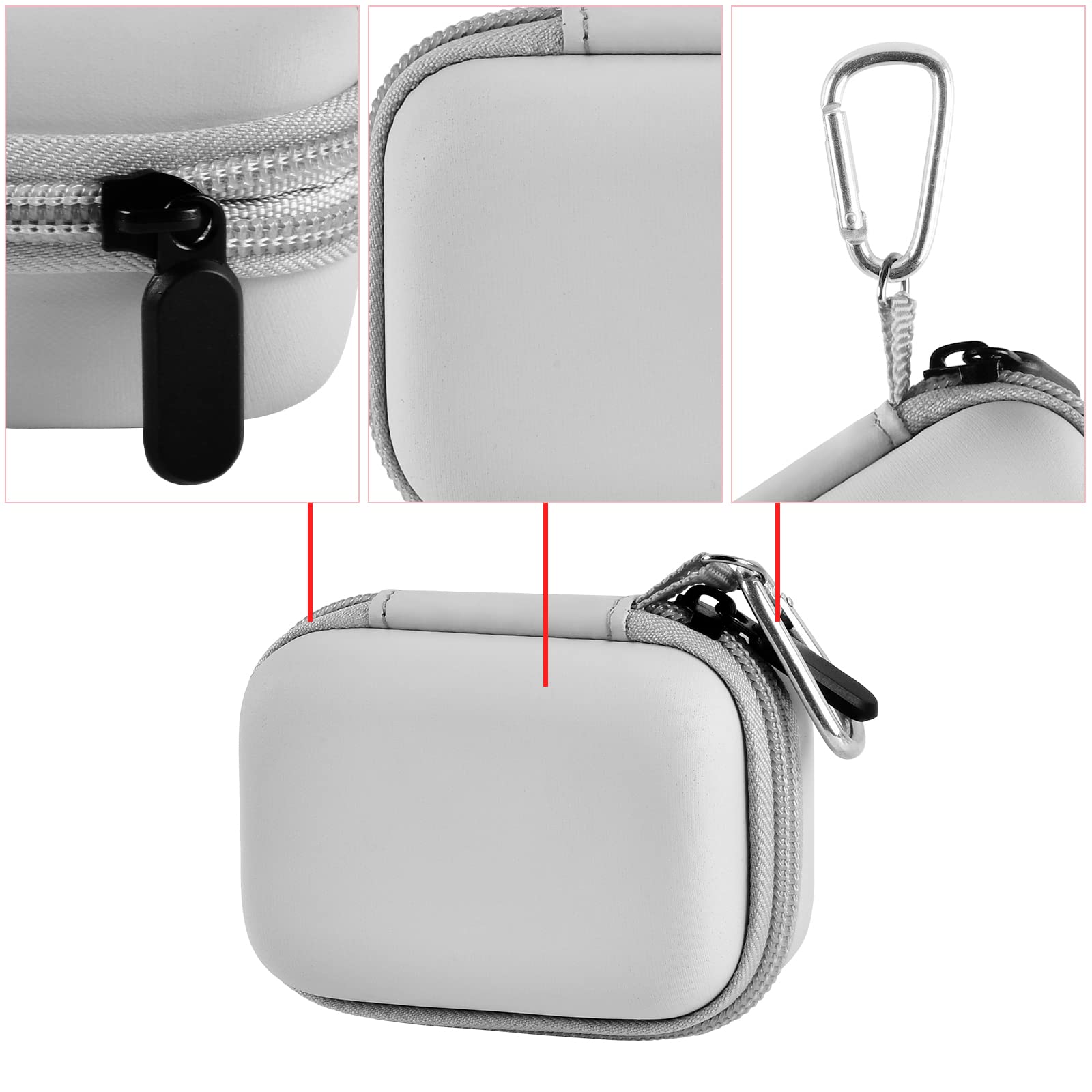 Gray mini power bank case with protective shell, zipper, and carabiner details