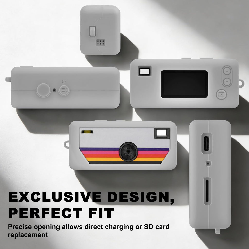 Gray silicone case for Kodak Charmera keychain camera precise-fit design shown from multiple angles