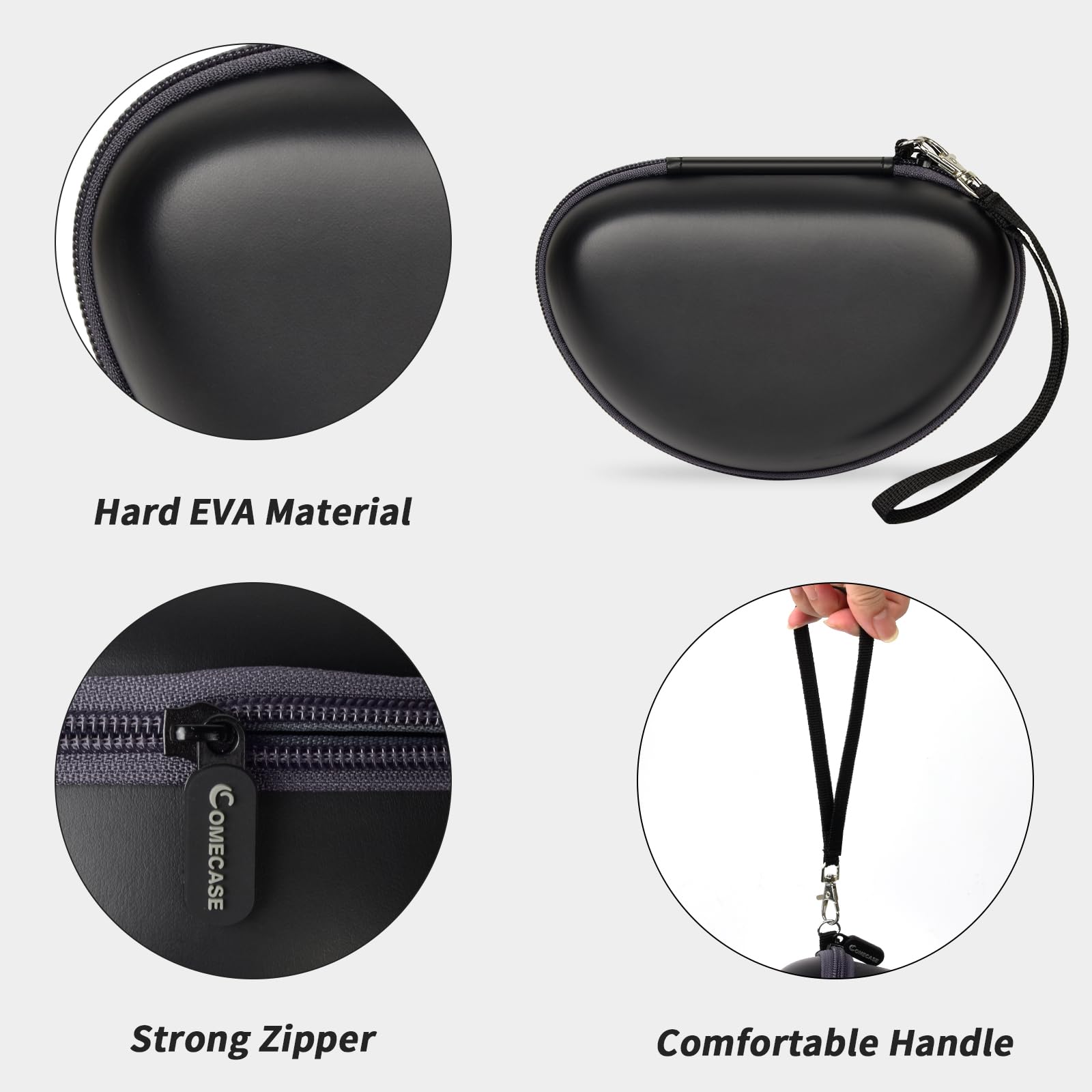 Black headphone case with hard EVA shell, strong zipper, and carrying strap