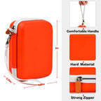 Orange label maker case dimensions with handle, strong zipper, and hard shell