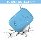 Light blue retro handheld console carrying case hard-shell impact and splash protection demonstration