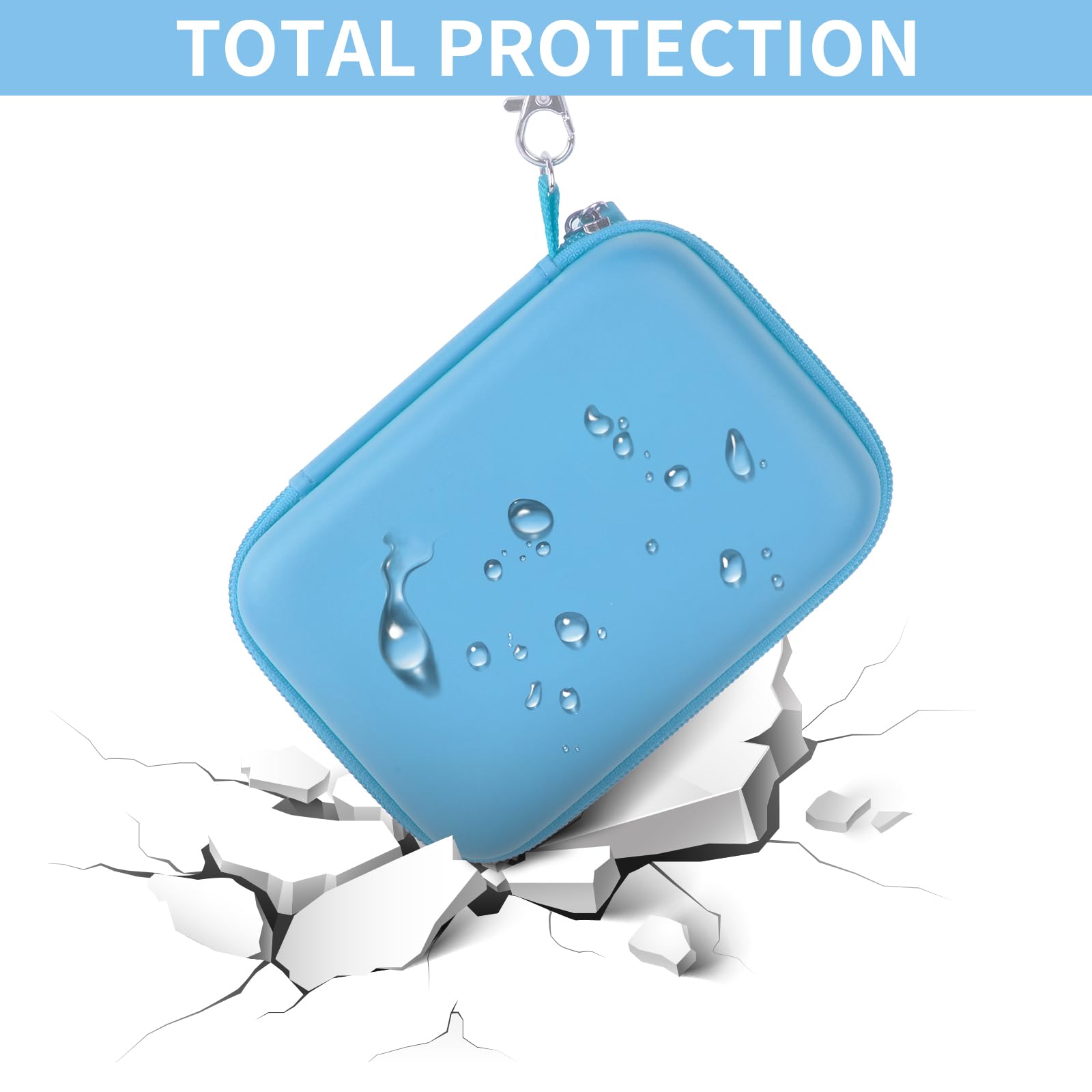 Light blue retro handheld console carrying case hard-shell impact and splash protection demonstration