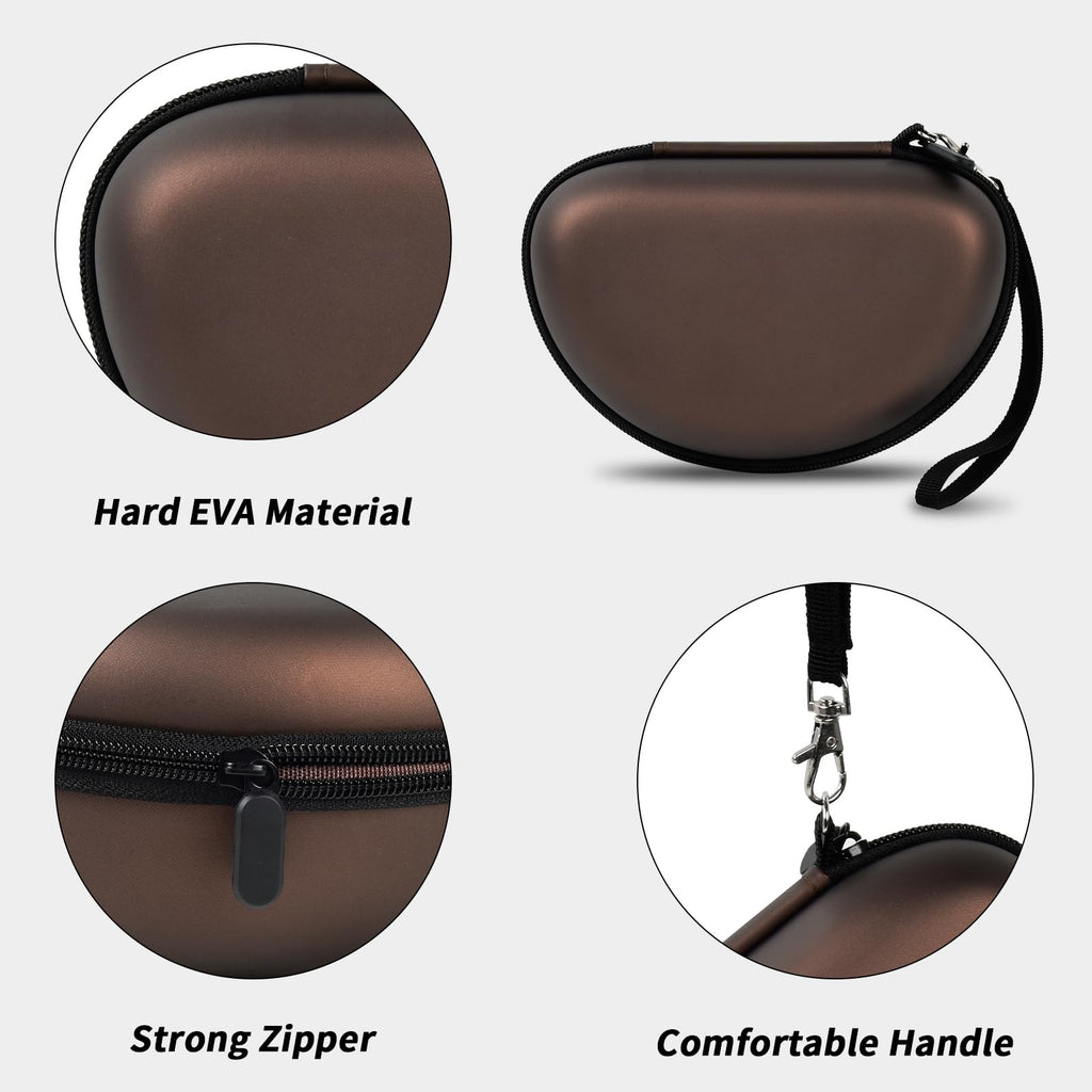 Brown headphone case with hard EVA shell, strong zipper, and carrying strap