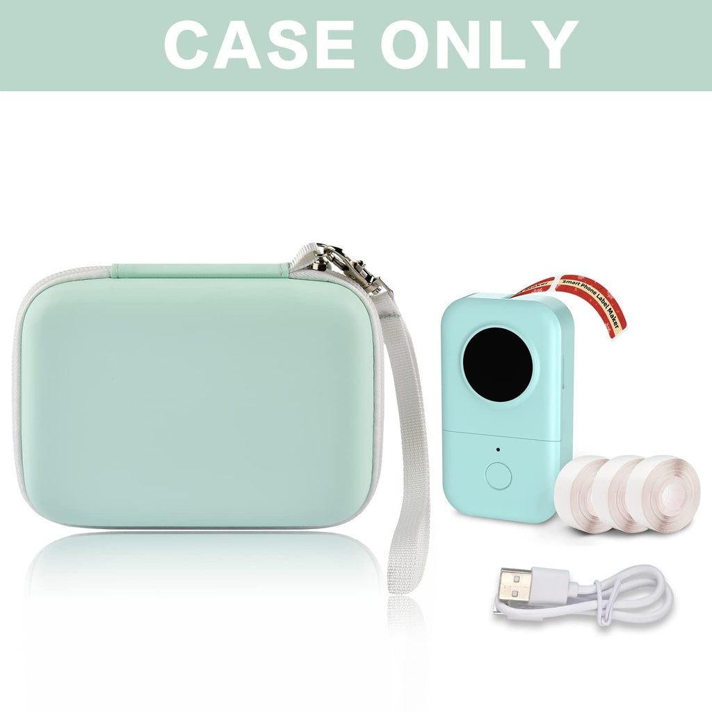 Open mint green label maker case with printer, charging cable, and label rolls; case only