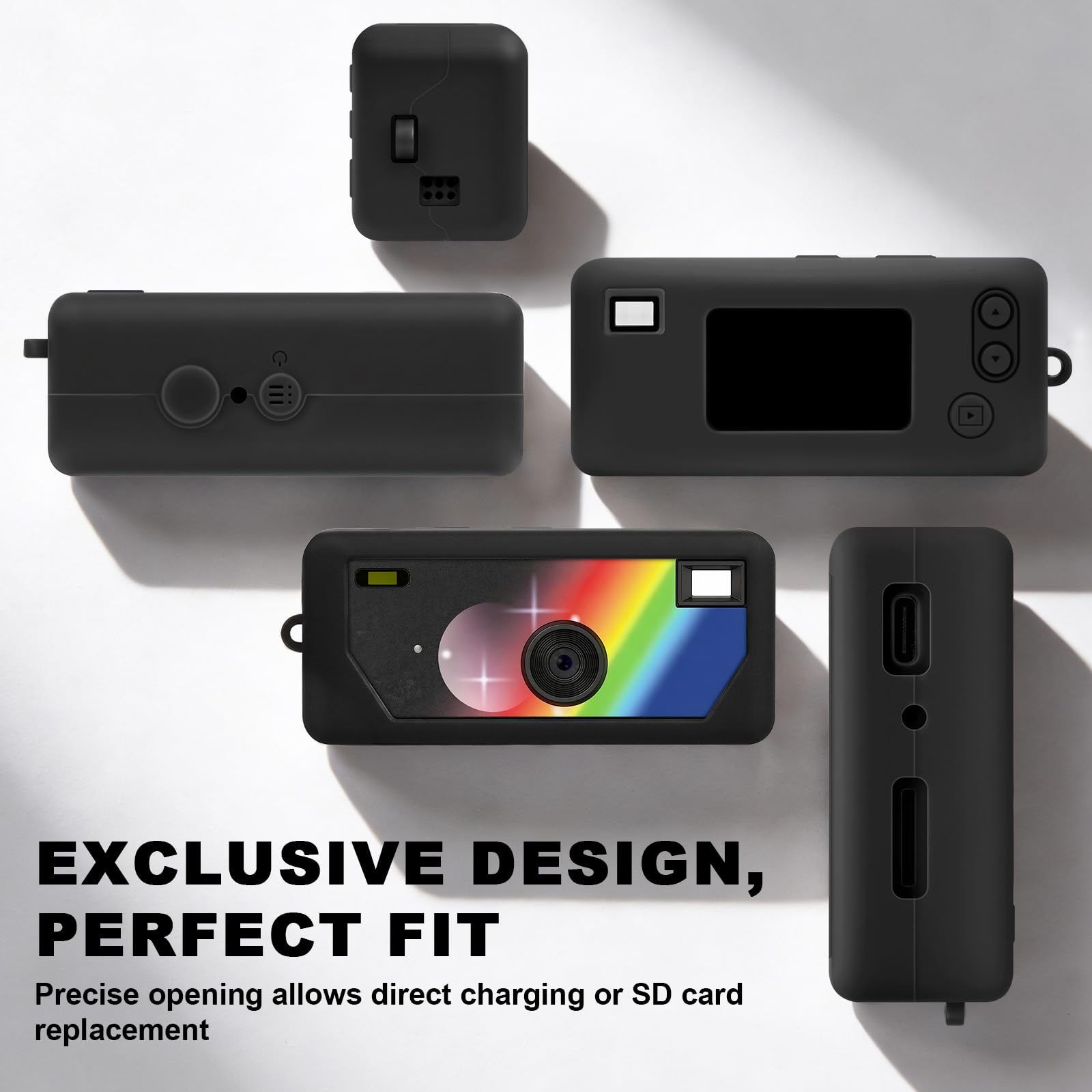 Black silicone case for Kodak Charmera keychain camera precise-fit design shown from multiple angles