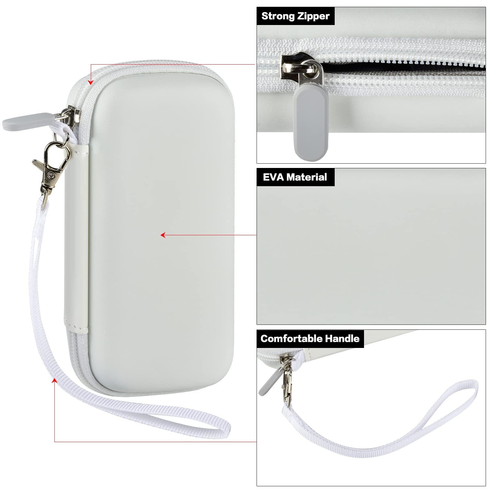 White EVA power bank case with strong zipper, protective shell, and comfortable wrist strap