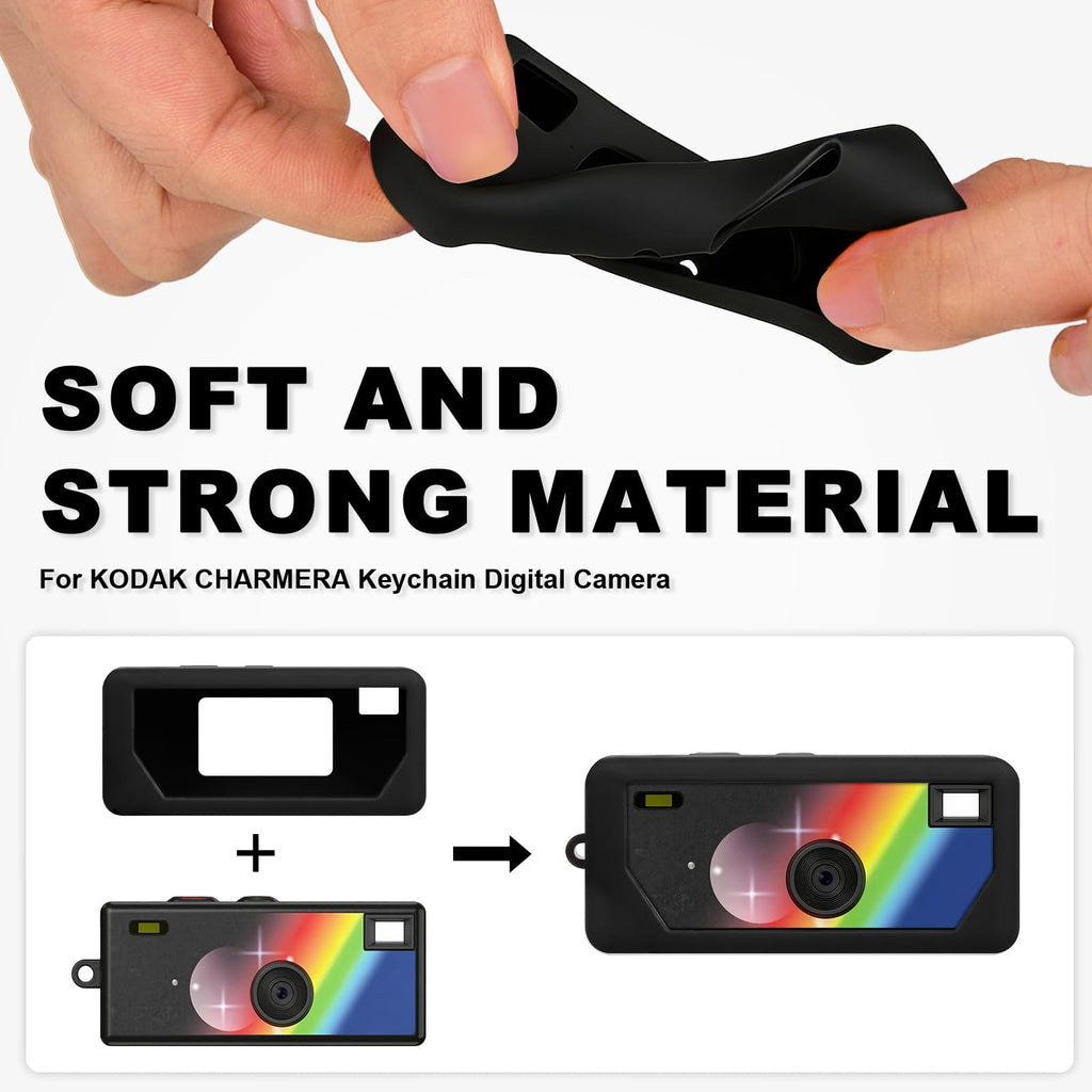 Black silicone case for Kodak Charmera keychain camera soft, flexible material demonstration