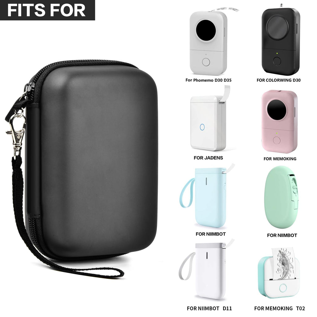 Black label maker case shown with several compatible mini printers