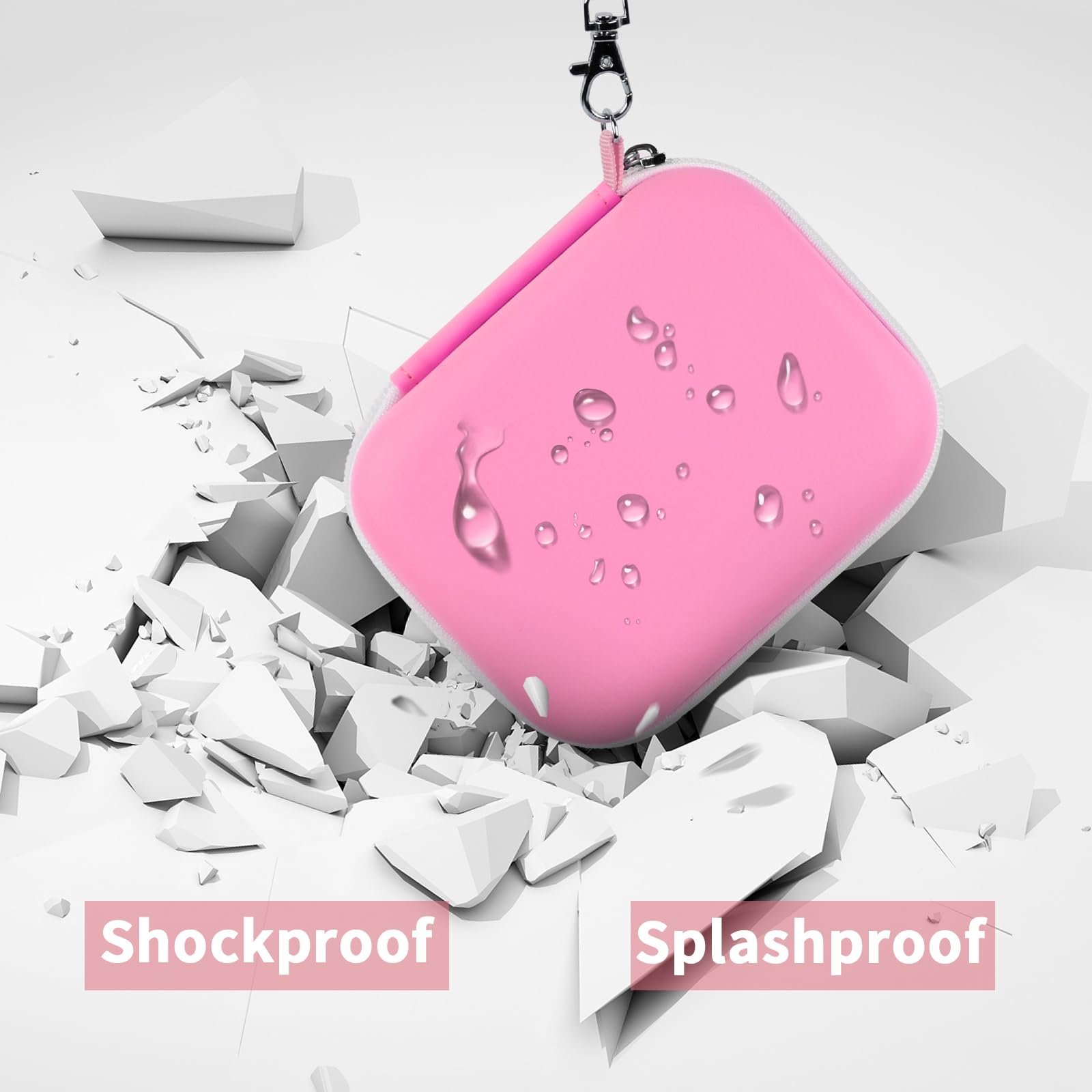 Pink label maker case demonstrating shockproof and splash-resistant protection