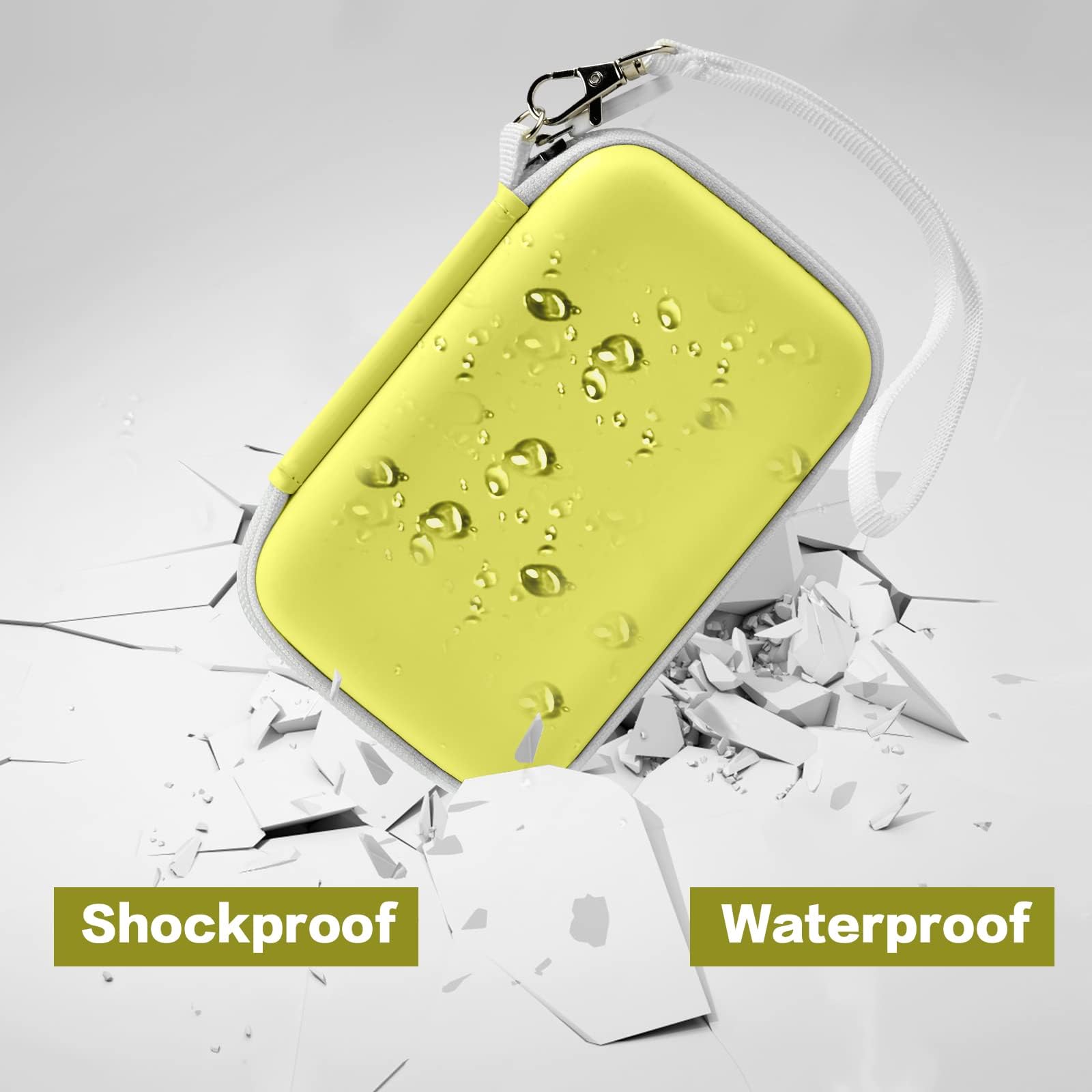 Yellow charging station organizer demonstrating shockproof and water-resistant protection