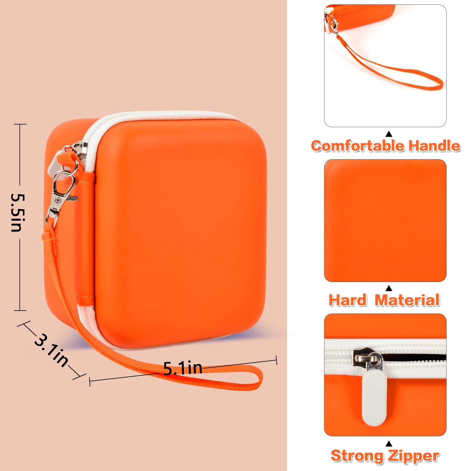 Orange kids instant print camera case dimensions and protective features overview
