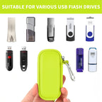 Neon green USB flash drive and SD card storage case compatibility with assorted USB flash drives