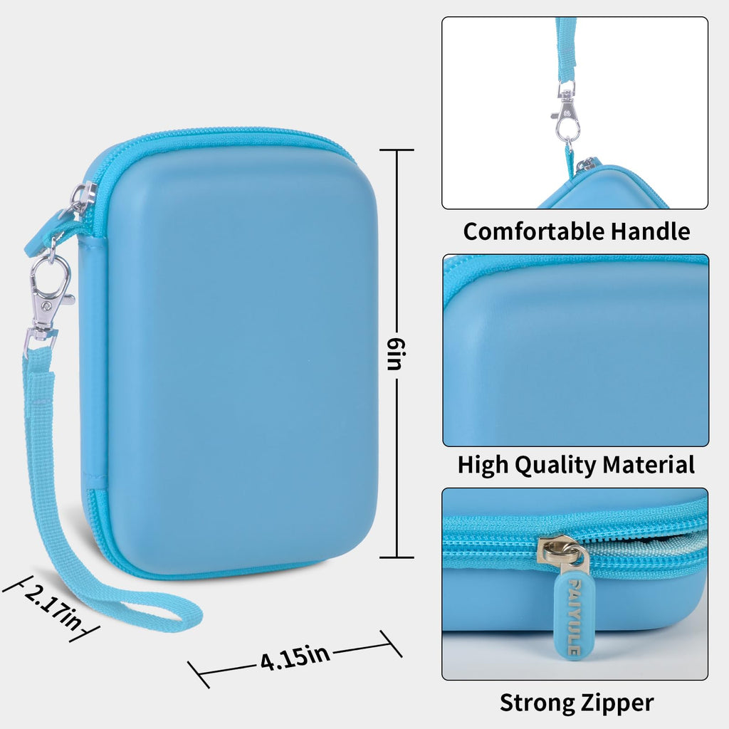 Light blue retro handheld console carrying case dimensions, wrist strap, shell material and zipper overview