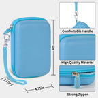 Light blue retro handheld console carrying case dimensions, wrist strap, shell material and zipper overview