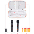 Open white and orange JBL PartyBox wireless microphone case with dual mic and battery storage