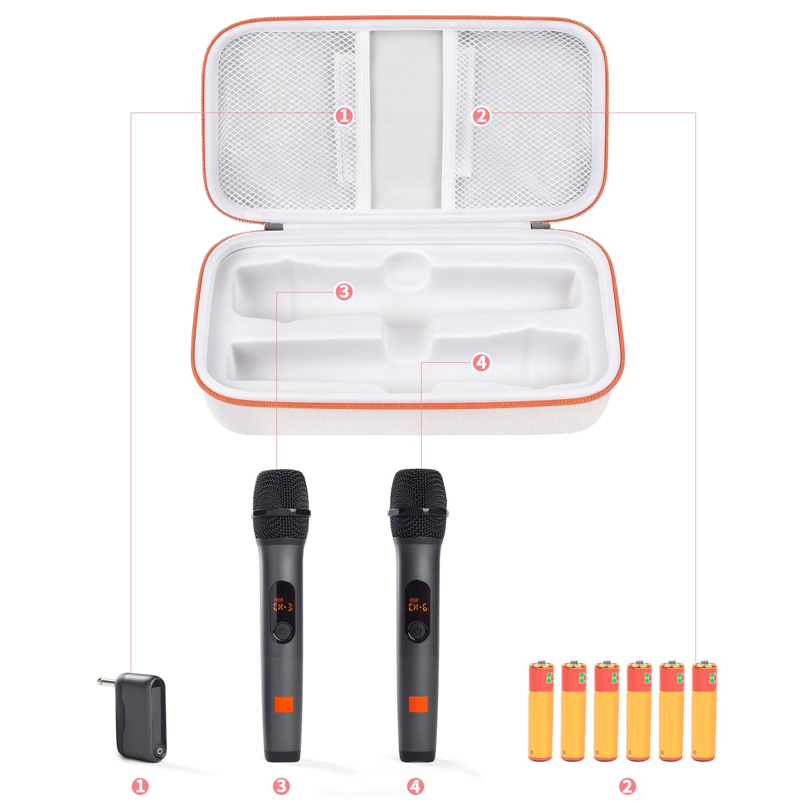 Open white and orange JBL PartyBox wireless microphone case with dual mic and battery storage