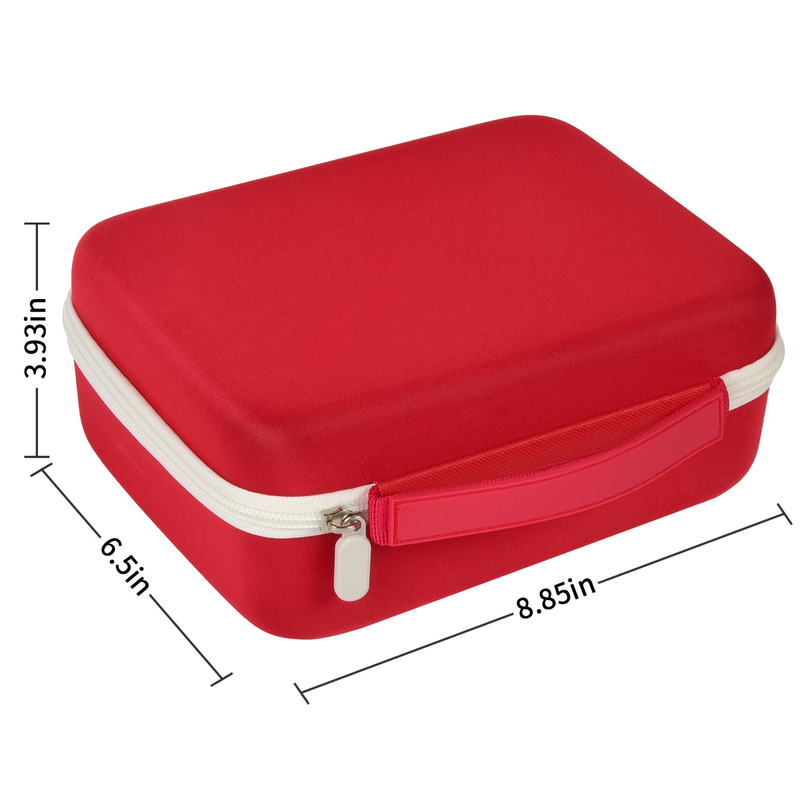 Red and white label maker case dimensions: 8.85 by 6.5 by 3.93 inches