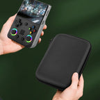 Black retro handheld console carrying case for R36MAX and R36 PRO shown beside a compatible handheld console