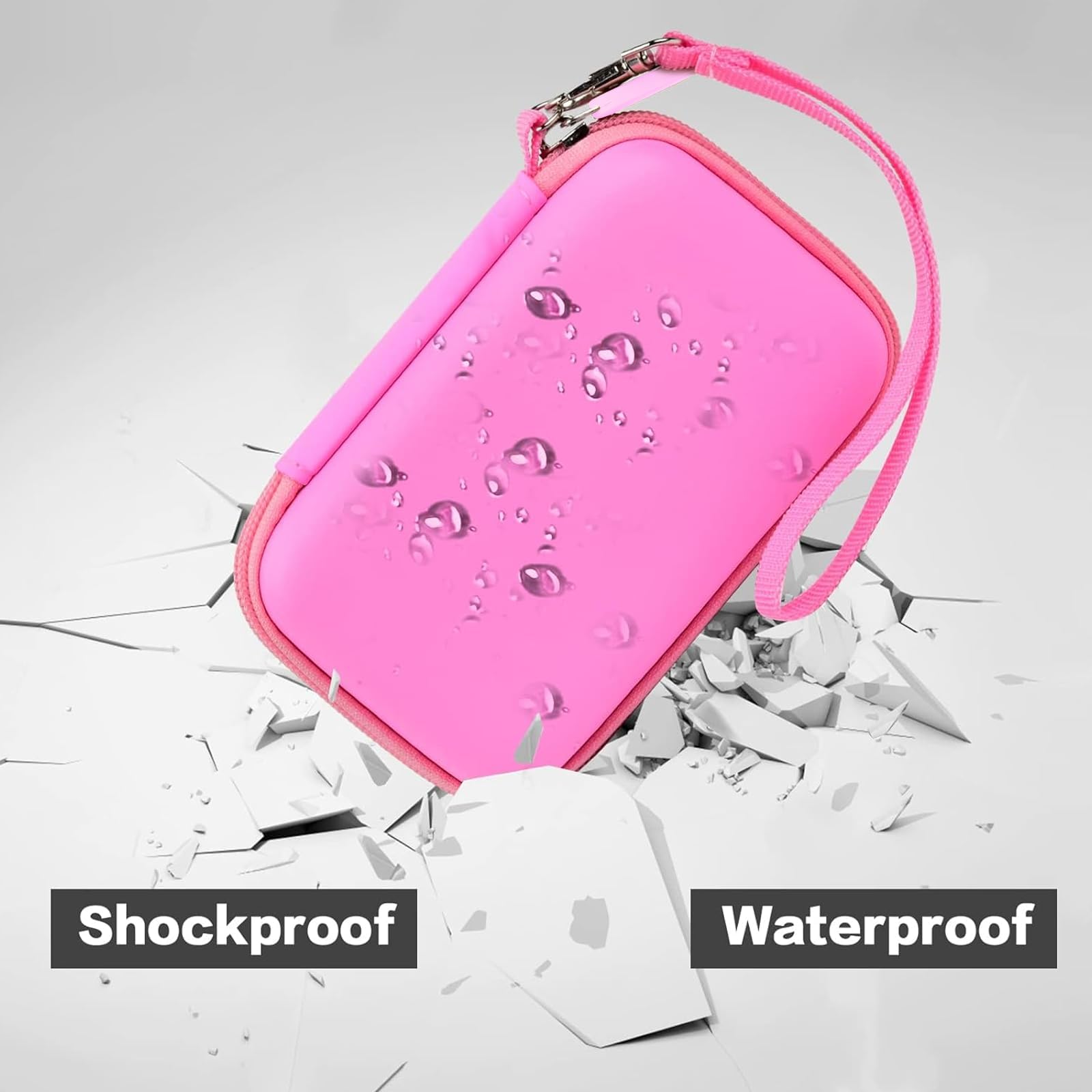 Pink charging station organizer demonstrating shockproof and water-resistant protection