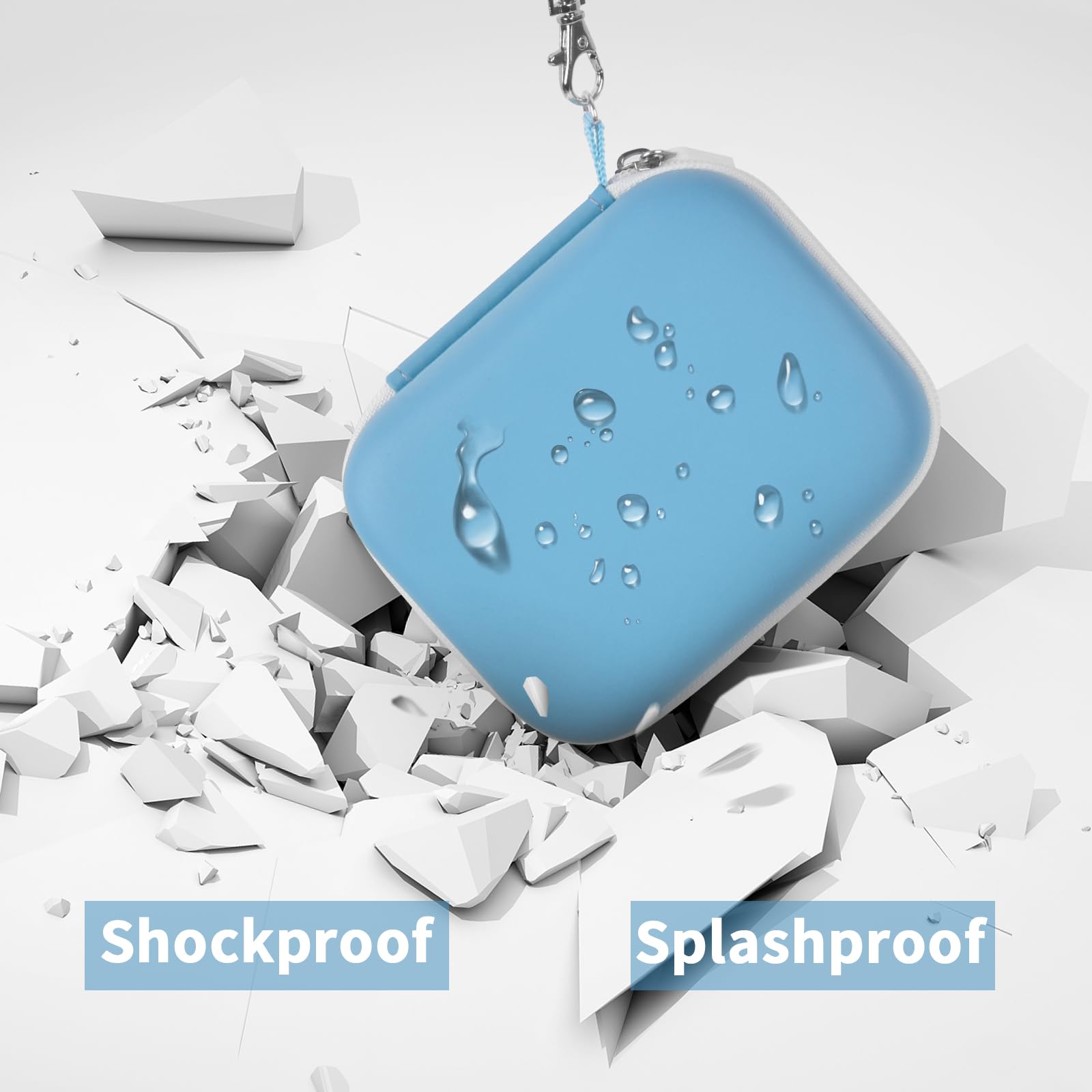 Blue label maker case demonstrating shockproof and splash-resistant protection