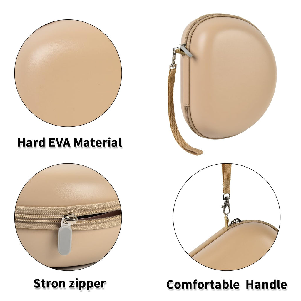 Beige hard EVA headphone case with zipper, handle, and metal clip details
