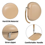 Beige hard EVA headphone case with zipper, handle, and metal clip details