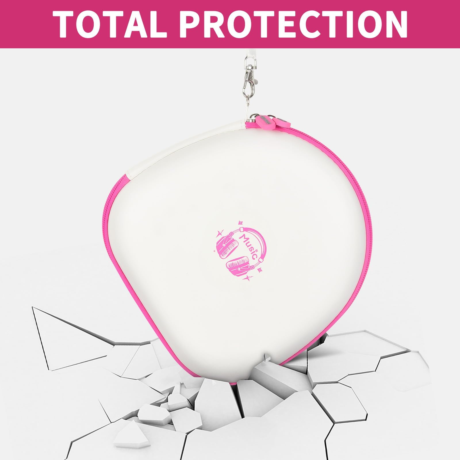 White with pink trim headphone case demonstrating impact-resistant total protection