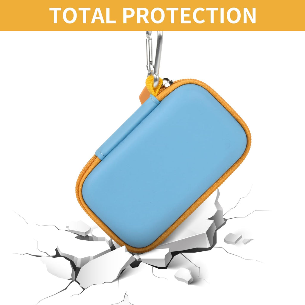 Blue and yellow SanDisk SSD case demonstrating total impact and water-resistant protection