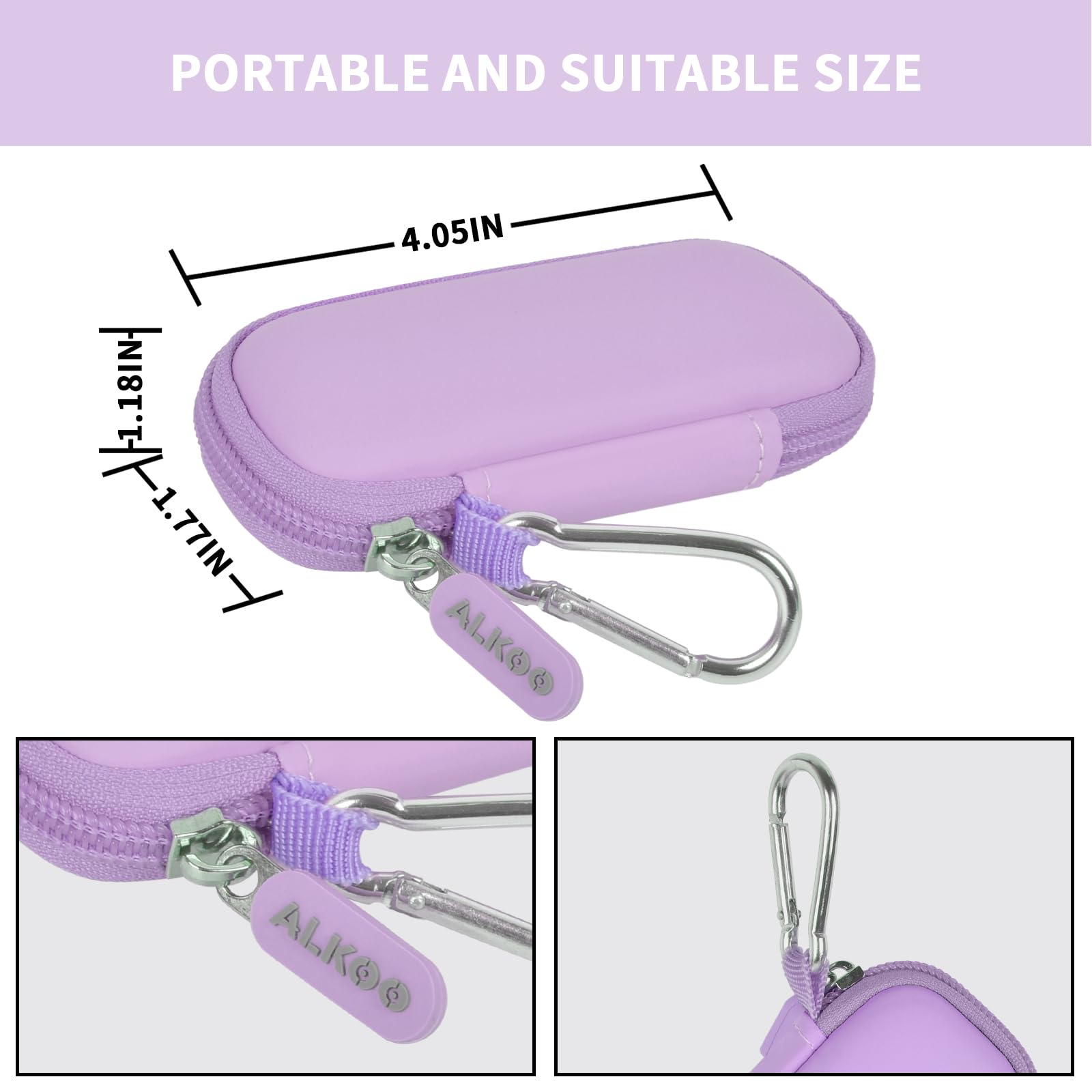 Lavender USB flash drive and SD card storage case compact dimensions and carabiner detail