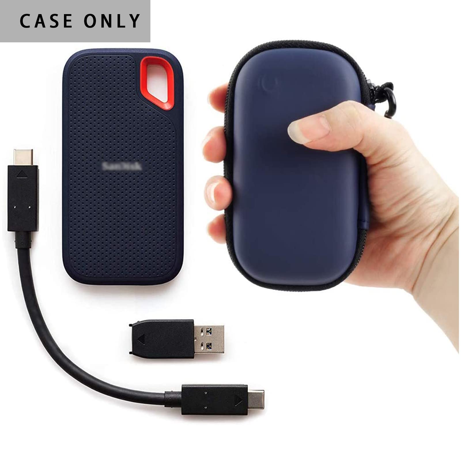 Navy SanDisk SSD case shown with portable drive and cable; case only