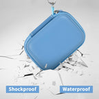 Blue Crucial SSD case demonstrating shockproof and water-resistant protection