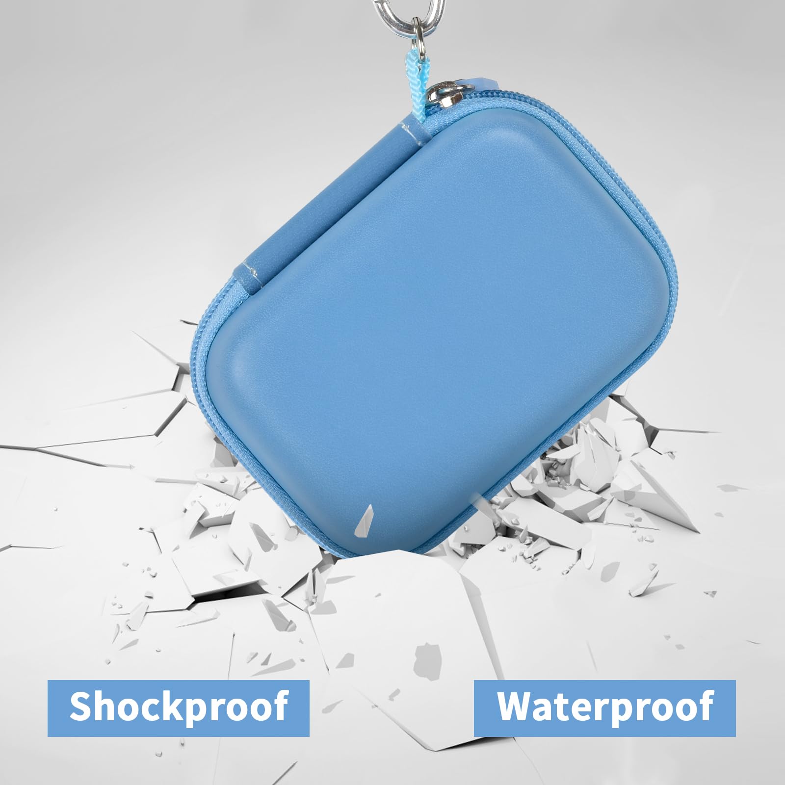 Blue Crucial SSD case demonstrating shockproof and water-resistant protection
