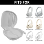 Open light gray headphone case shown with compatible Sony and JBL over-ear headphones