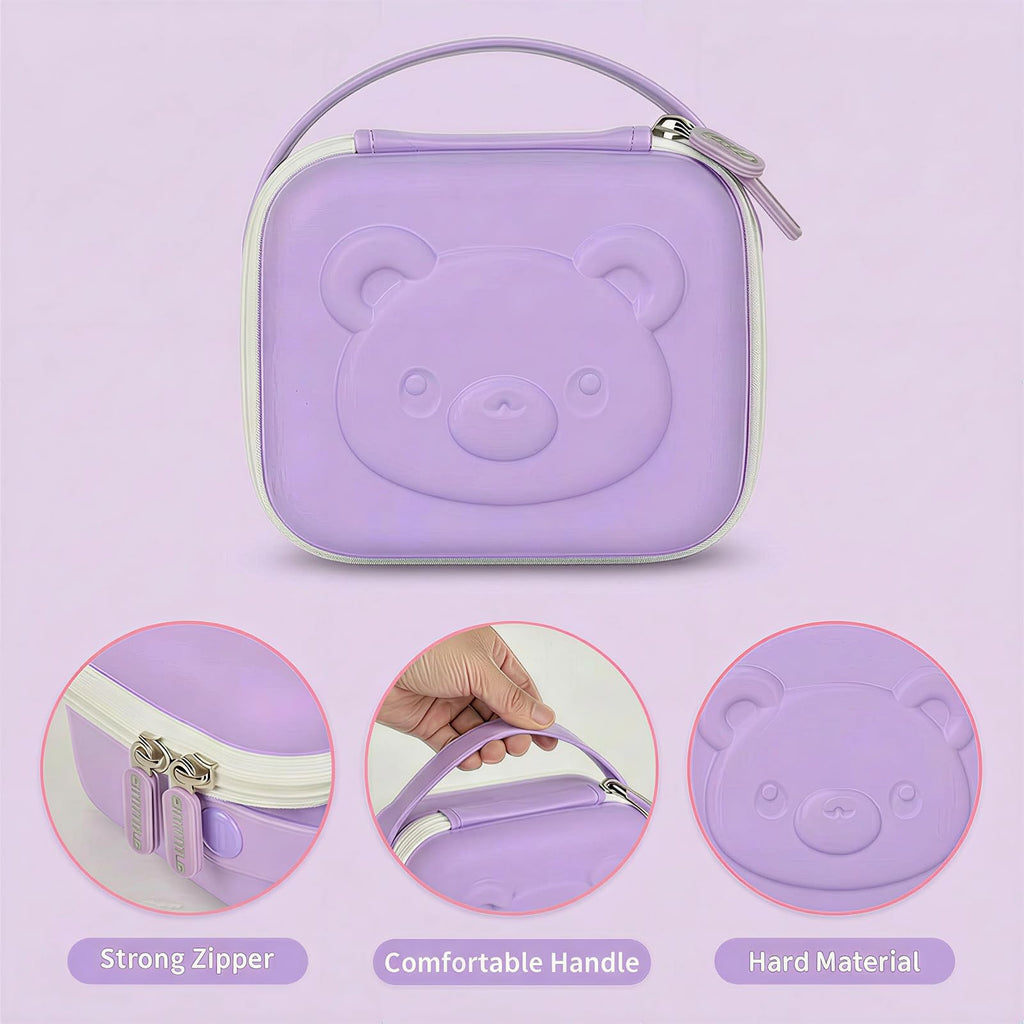 Lavender bear-shaped kids instant print camera case hard shell, zipper and carry-strap features