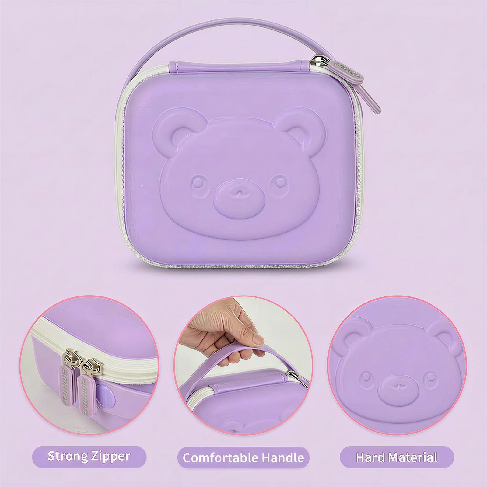 Lavender bear-shaped kids instant print camera case hard shell, zipper and carry-strap features