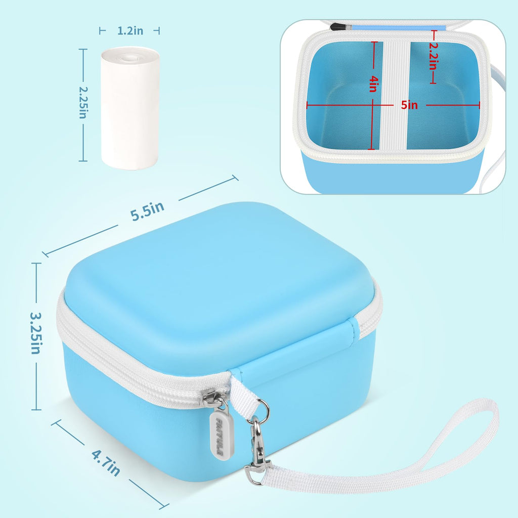 Blue bear-shaped kids instant print camera case dimensions and interior layout overview