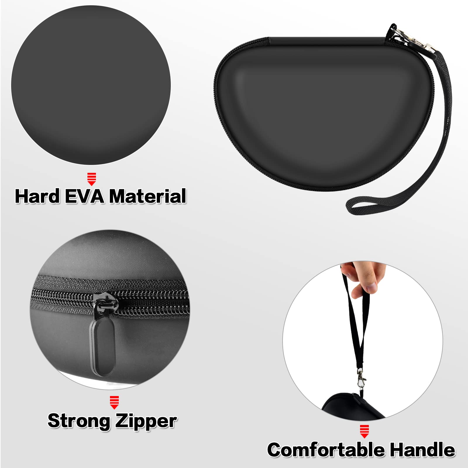 Black and red headphone case with hard EVA shell, strong zipper, and carrying strap